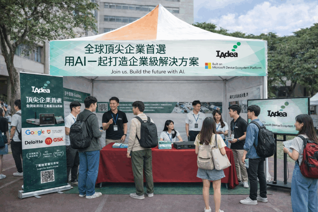 IAdea 2026 校園徵才與科技人才招募攤位示意圖，展示智慧空間與 AI 應用技術交流。