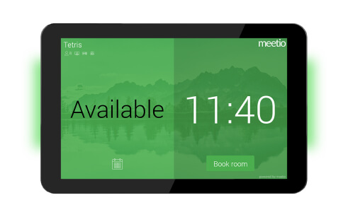 Meetio booking screen on an IAdea room panel showing the room Available at 11:40 with a Book room button
