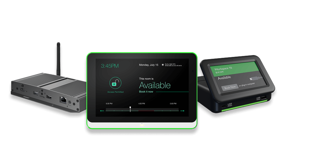 IAdea MDEP devices: a fanless media player, a 10-inch room booking panel showing Available, and a workspace booking dock