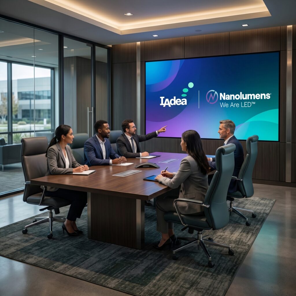 Enterprise conference room showcasing the IAdea and Nanolumens Microsoft enterprise-ready LED video wall experience for corporate communications and collaboration.