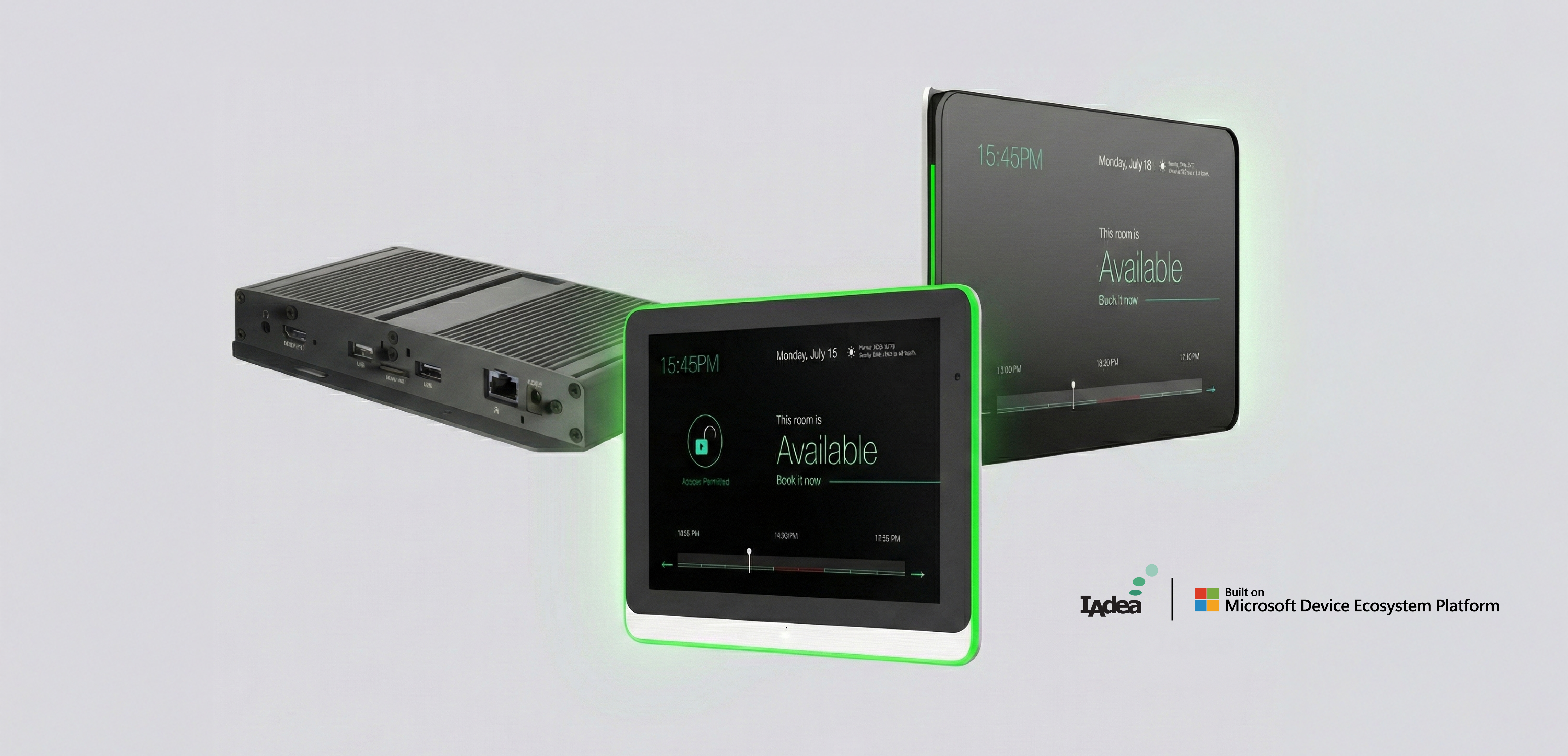 IAdea enterprise Android devices including room interaction panels and signage processors built on Microsoft Device Ecosystem Platform.