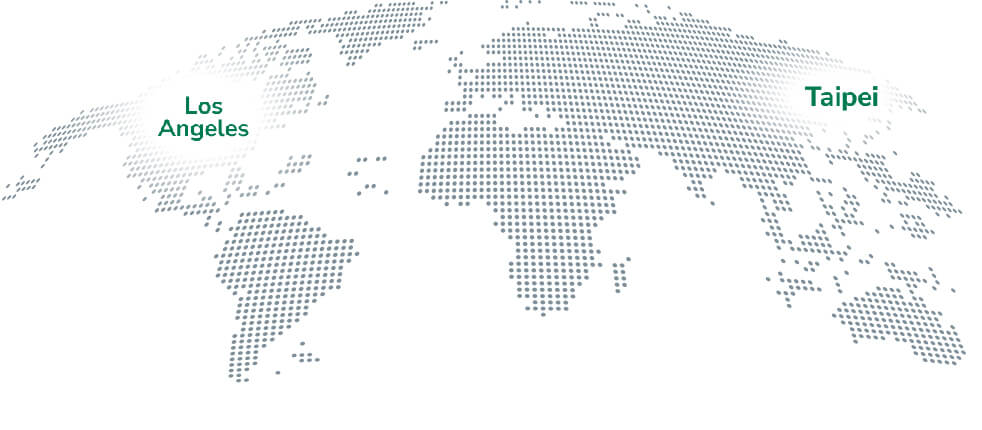 Dotted world map marking IAdea locations in Los Angeles and Taipei
