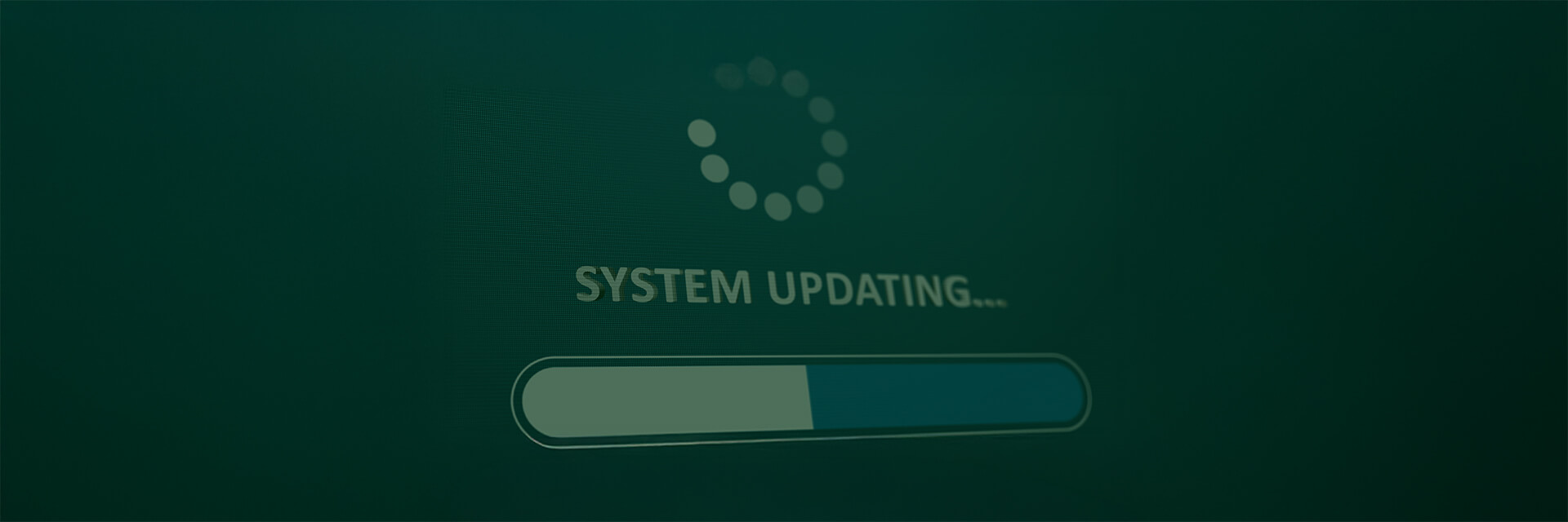 Dark green screen showing a loading spinner and a progress bar with the words System updating
