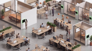 3D isometric office with IAdea room booking panel