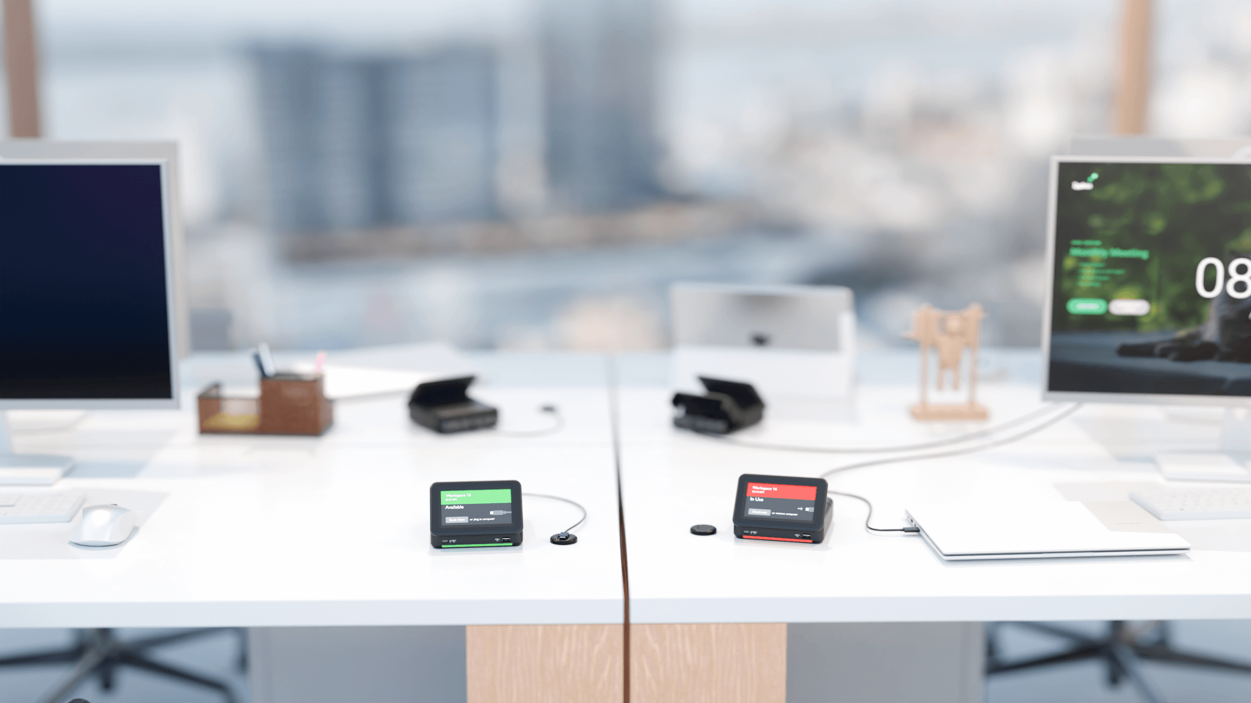 IAdea WBD-0500 workspace booking dock in a modern office huddle space