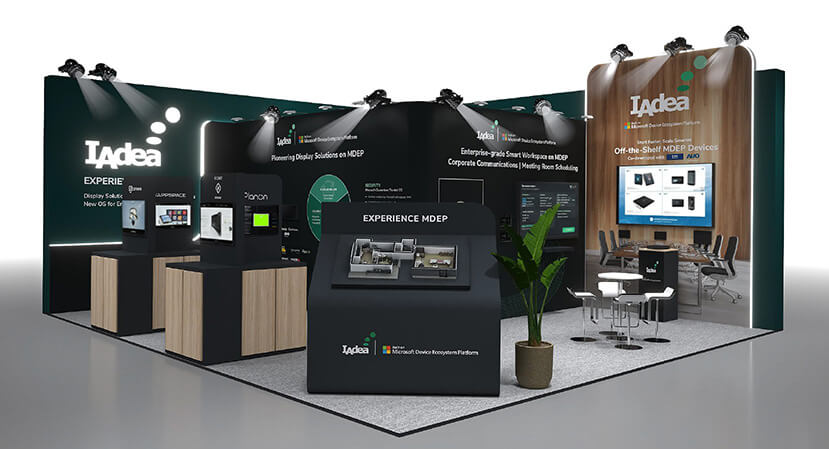 Rendering of the IAdea Experience MDEP booth at ISE 2026 with demo kiosks, display walls and a meeting area