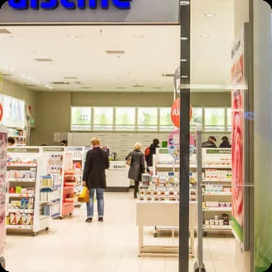 Pharmacy storefront entrance with window displays suited for IAdea healthcare advertising screens