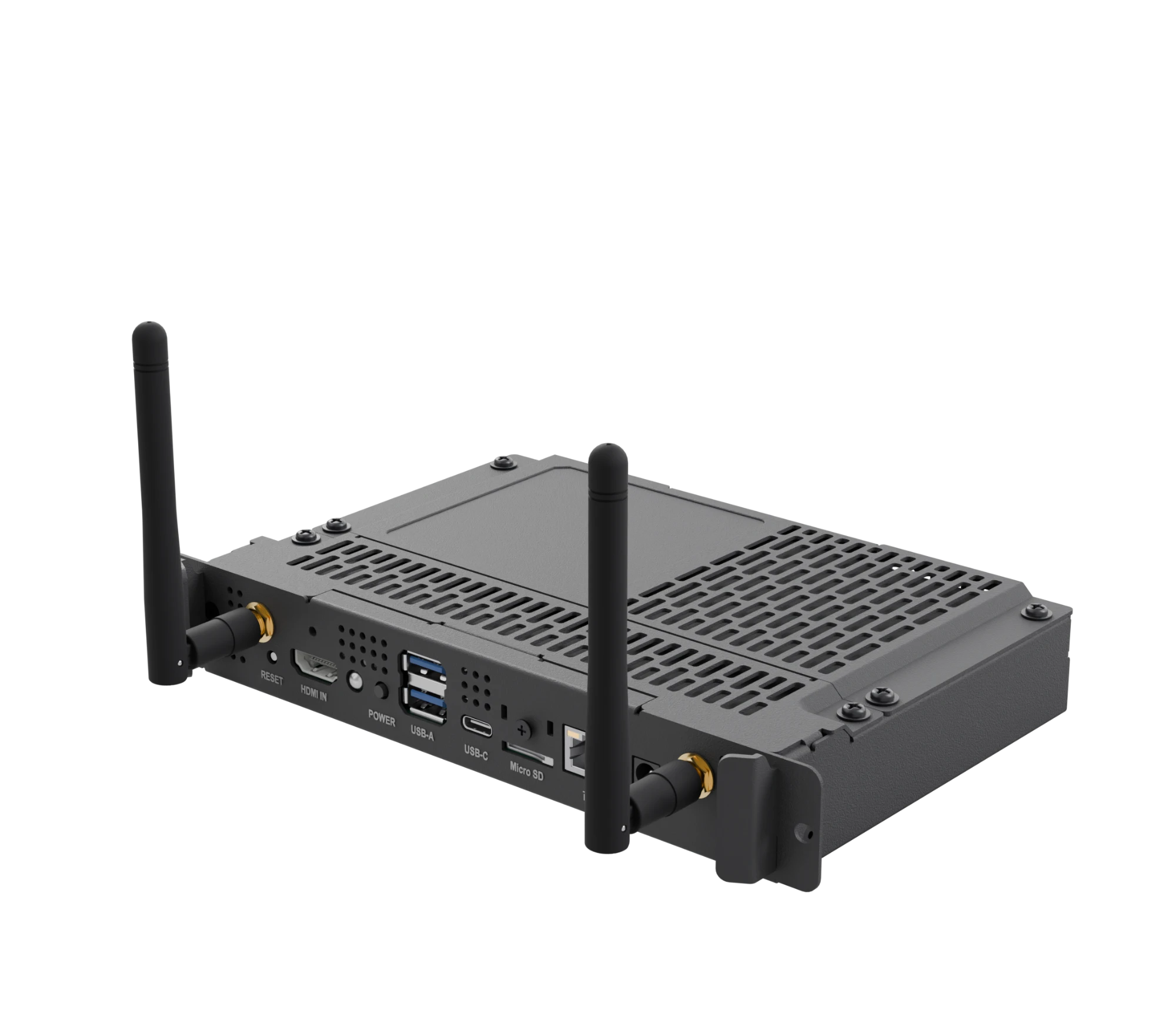 IAdea MOP-862x OPS module with antennas, showing its HDMI in, USB-A, USB-C, microSD and LAN ports