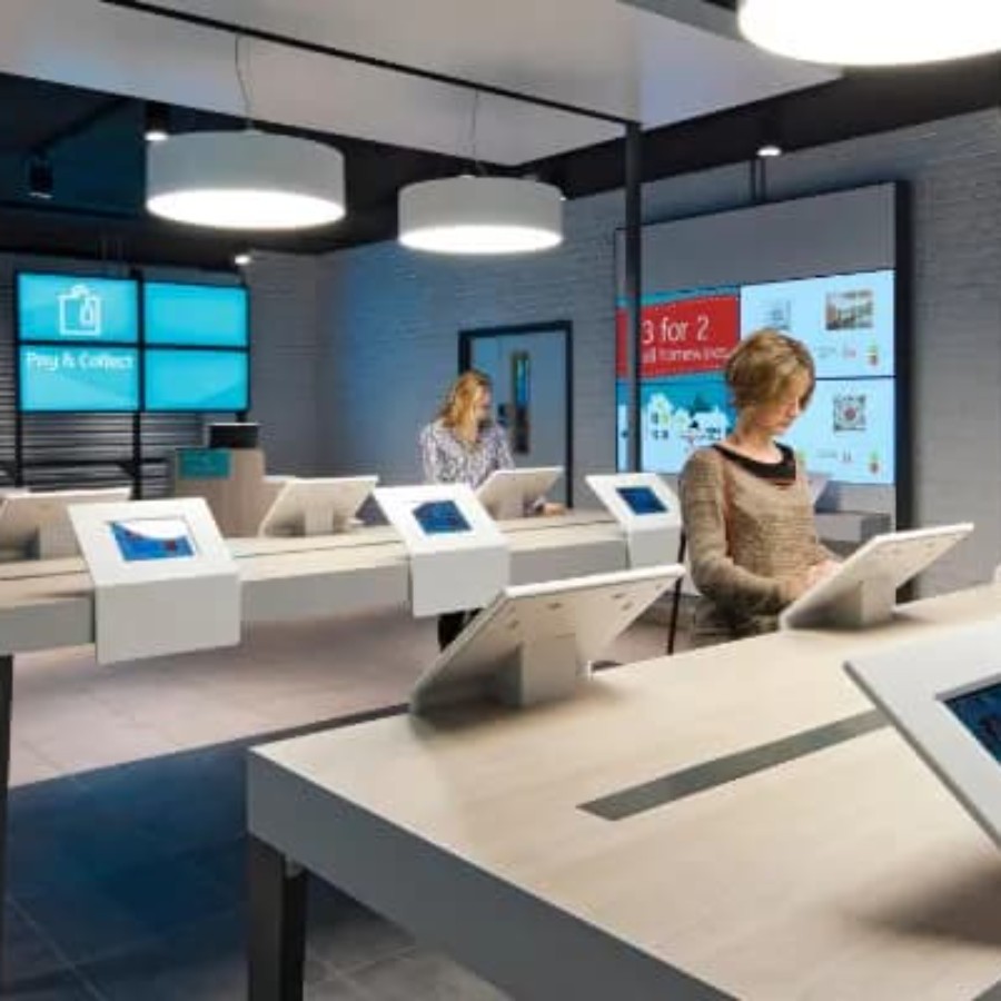 Open retail store interior with areas for IAdea interactive catalogue kiosks