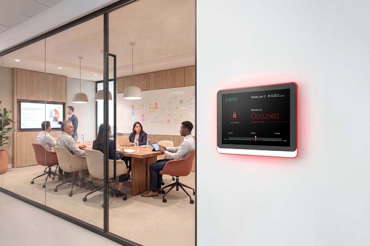 Meeting room with team and IAdea occupied room panel with red LED