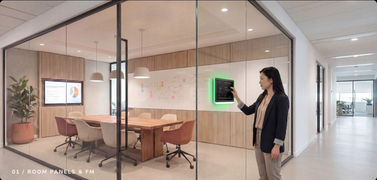 Modern office meeting room with IAdea room panel