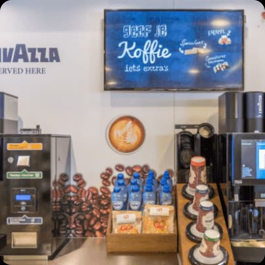 Coffee shop interior with seating area, ideal for IAdea location-based advertising screens