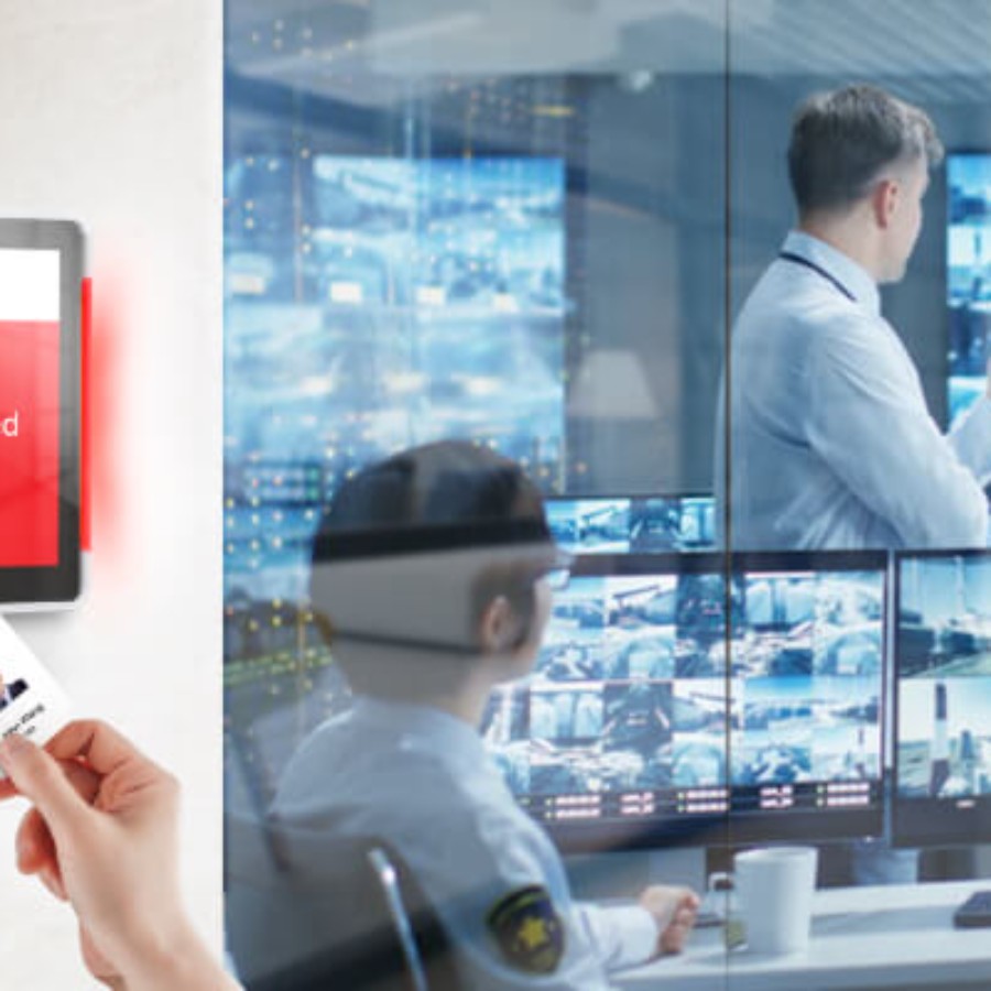 Security surveillance control room with multiple monitor screens for IAdea workplace security